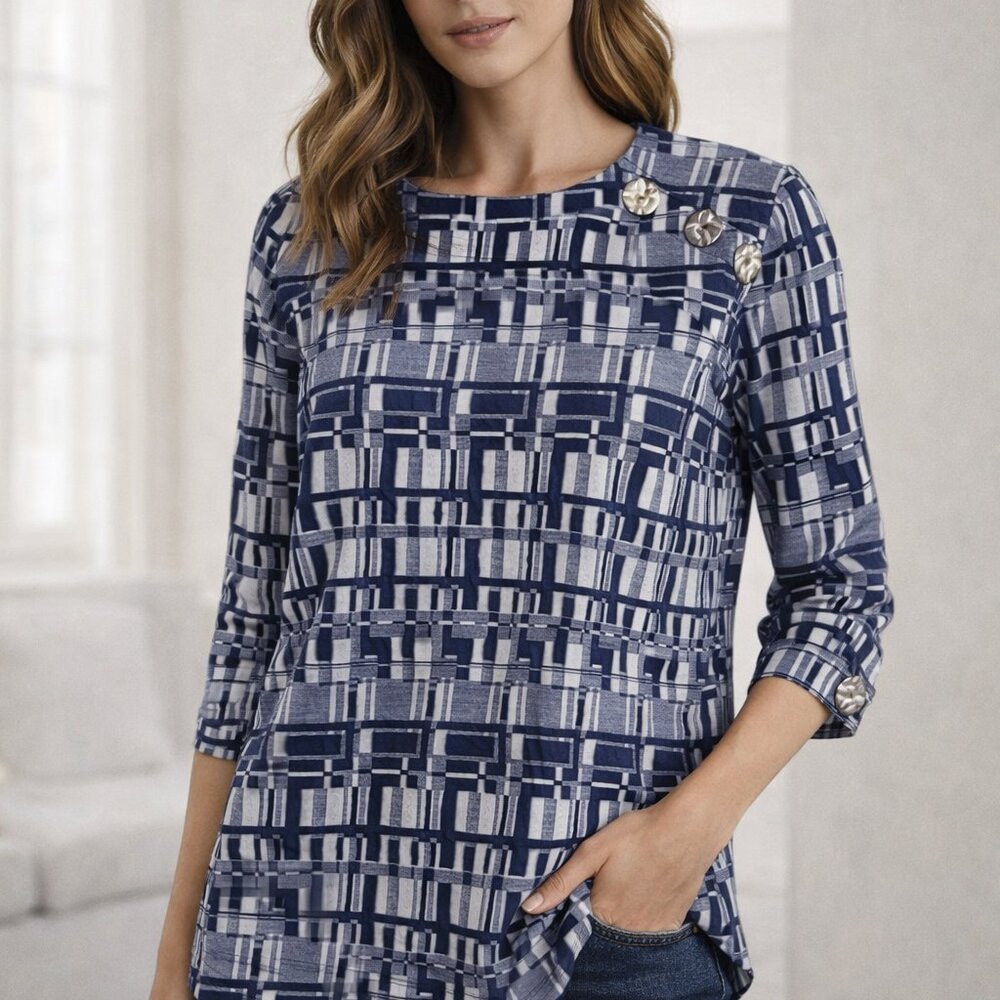 Women's Ala`Carte Fantastic Quality Top W/Geometric Design & Button Accents S